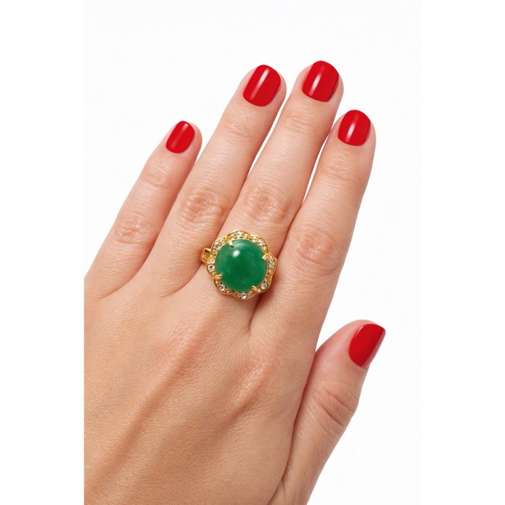 💚 Gold-Tone Jade & Faux Diamond Halo Ring | Size 7.5 💚